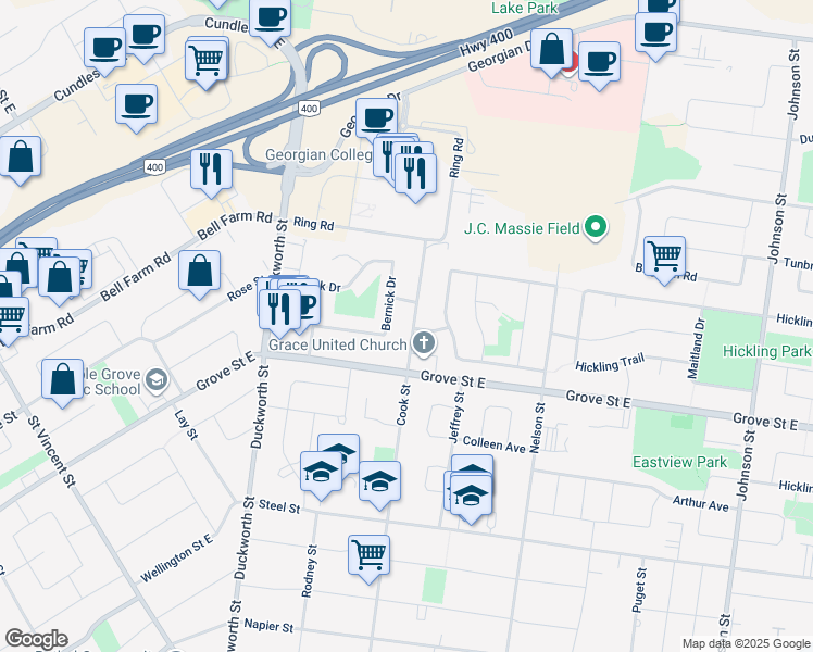 map of restaurants, bars, coffee shops, grocery stores, and more near 260 Cook Street in Barrie