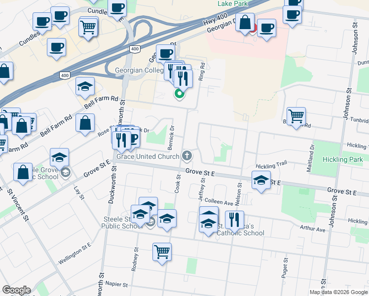 map of restaurants, bars, coffee shops, grocery stores, and more near in Barrie