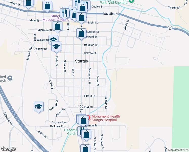 map of restaurants, bars, coffee shops, grocery stores, and more near 844 Boulevard Street in Sturgis