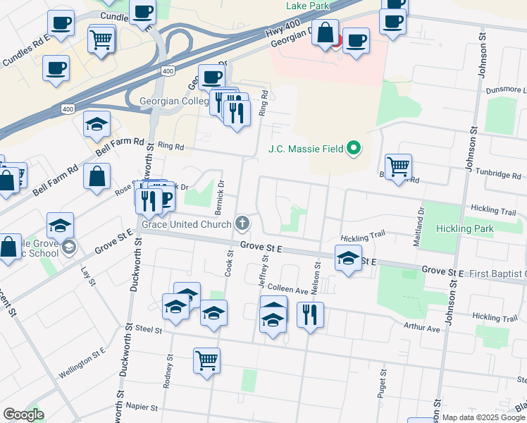 map of restaurants, bars, coffee shops, grocery stores, and more near 46 College Crescent in Barrie