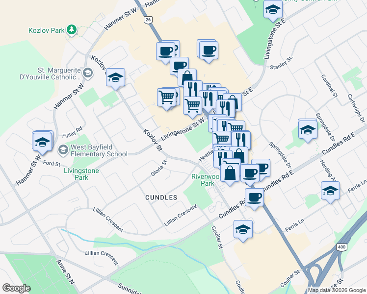 map of restaurants, bars, coffee shops, grocery stores, and more near 101 Kozlov Street in Barrie