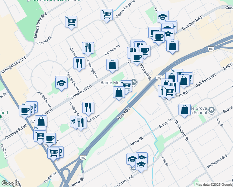 map of restaurants, bars, coffee shops, grocery stores, and more near 83 Daphne Crescent in Barrie