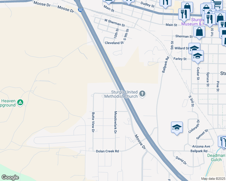 map of restaurants, bars, coffee shops, grocery stores, and more near 2200-2298 Bluebell Dr in Sturgis