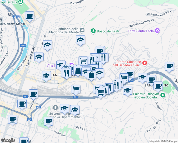 map of restaurants, bars, coffee shops, grocery stores, and more near 16 Via Donghi in Genova