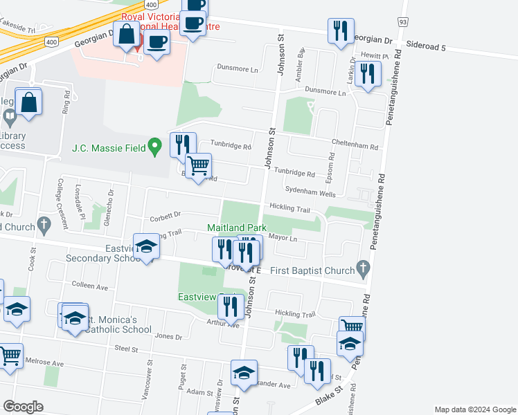 map of restaurants, bars, coffee shops, grocery stores, and more near 222 Hickling Trail in Barrie
