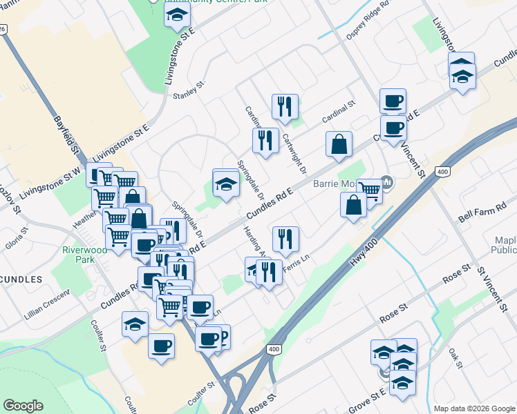 map of restaurants, bars, coffee shops, grocery stores, and more near 70 Cundles Road East in Barrie