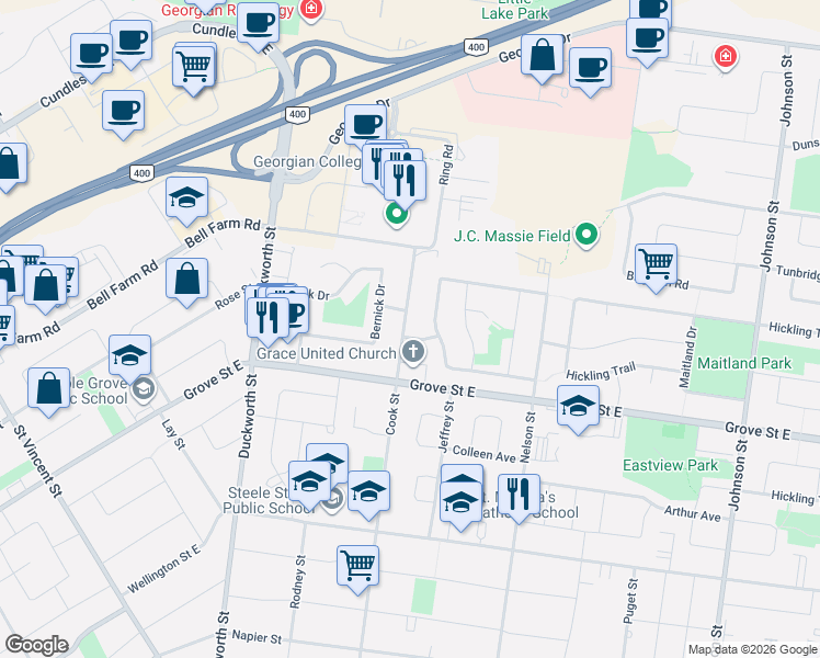 map of restaurants, bars, coffee shops, grocery stores, and more near 263 Cook Street in Barrie