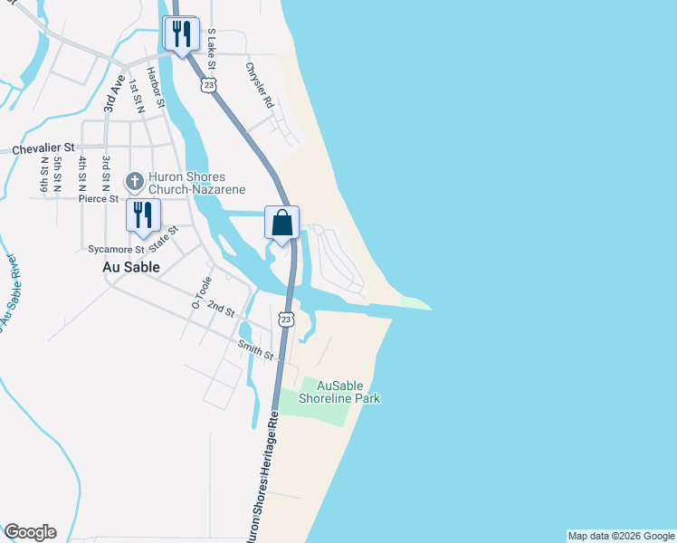 map of restaurants, bars, coffee shops, grocery stores, and more near Fighting Fish Drive in Au Sable Charter Township