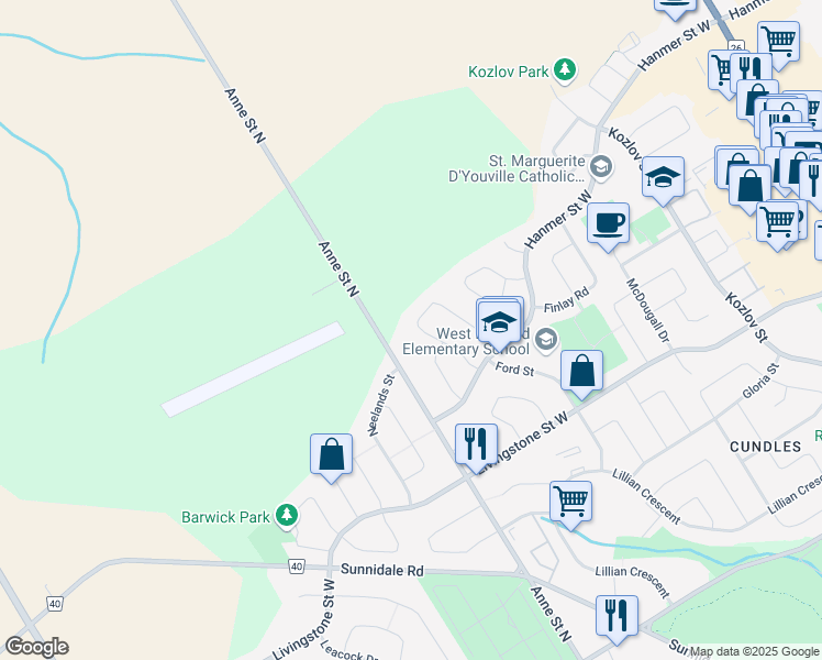 map of restaurants, bars, coffee shops, grocery stores, and more near 84 Laidlaw Drive in Barrie