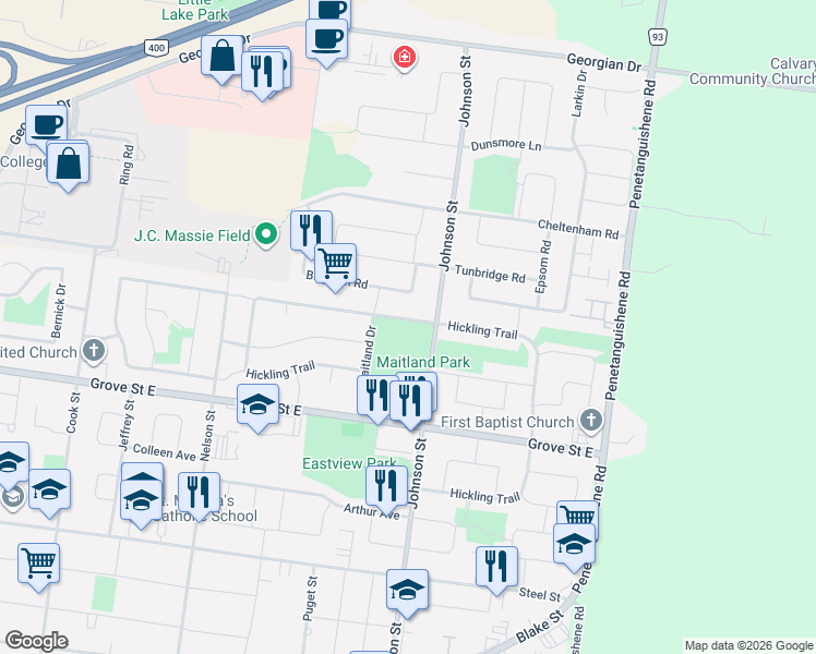 map of restaurants, bars, coffee shops, grocery stores, and more near 206 Hickling Trail in Barrie