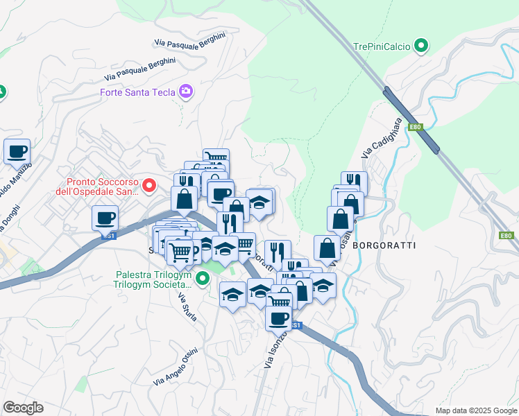 map of restaurants, bars, coffee shops, grocery stores, and more near 75 Via Giacomo Boero in Genoa