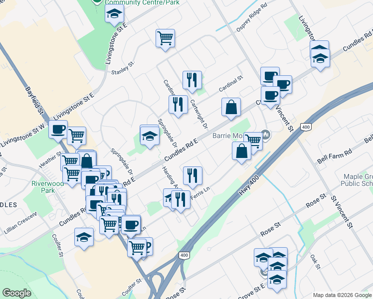 map of restaurants, bars, coffee shops, grocery stores, and more near 64 Collete Crescent in Barrie