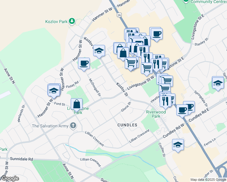 map of restaurants, bars, coffee shops, grocery stores, and more near 24 Shortreed Court in Barrie
