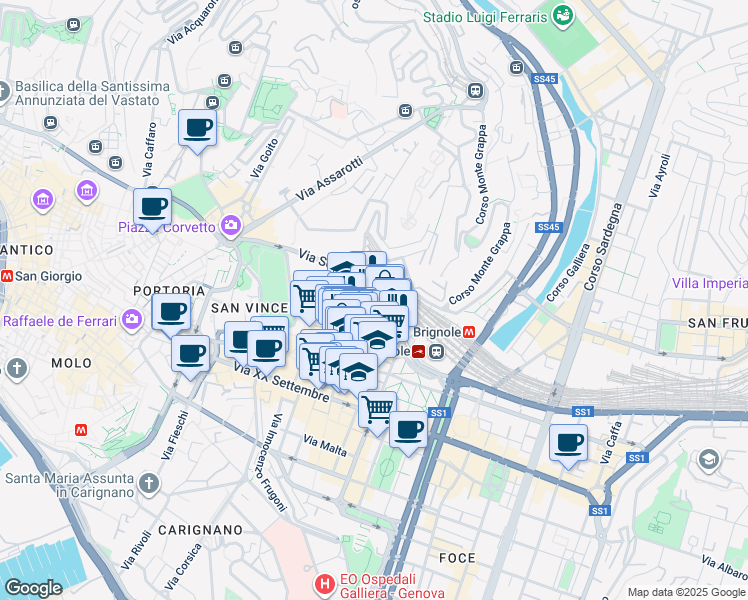 map of restaurants, bars, coffee shops, grocery stores, and more near 2 Via Varese in Genoa