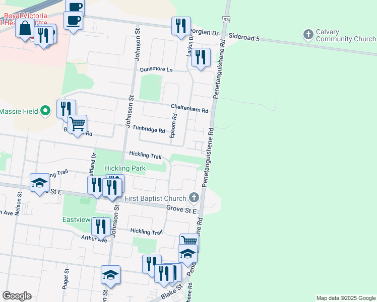 map of restaurants, bars, coffee shops, grocery stores, and more near 254 Penetanguishene Road in Barrie