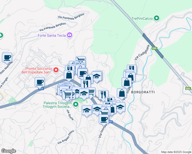 map of restaurants, bars, coffee shops, grocery stores, and more near 75 Via Giacomo Boero in Genoa