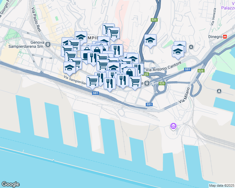 map of restaurants, bars, coffee shops, grocery stores, and more near 81 Via Pietro Chiesa in Genova