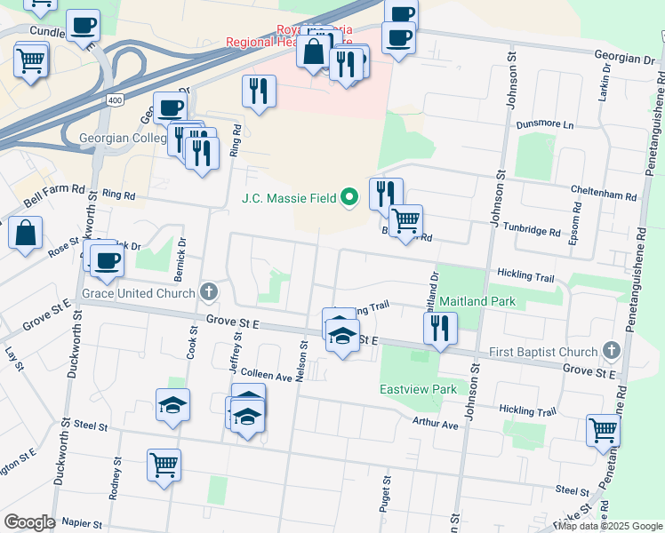 map of restaurants, bars, coffee shops, grocery stores, and more near 93 Hickling Trail in Barrie