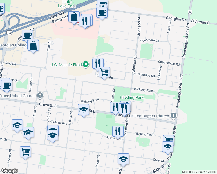 map of restaurants, bars, coffee shops, grocery stores, and more near 170 Hickling Trail in Barrie