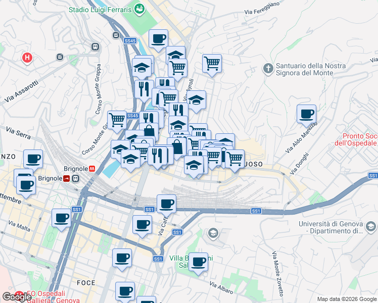 map of restaurants, bars, coffee shops, grocery stores, and more near 6R Via Cellini in Genova