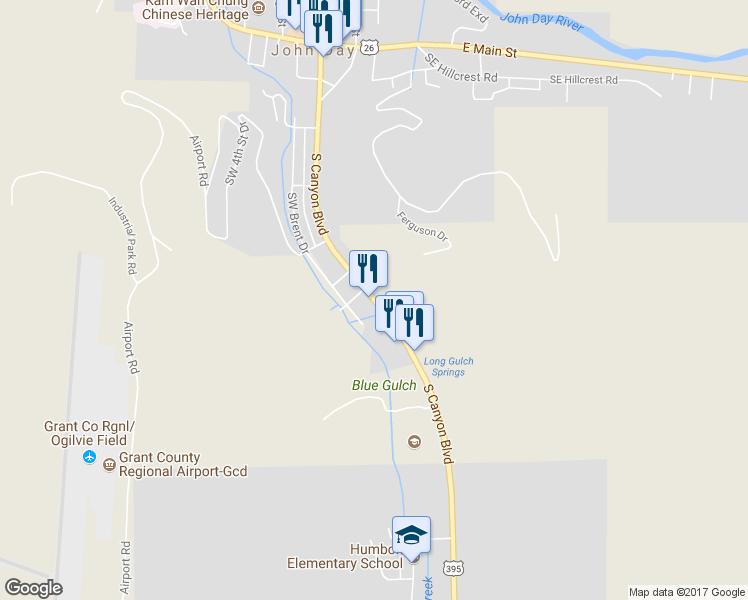 map of restaurants, bars, coffee shops, grocery stores, and more near 911 South Canyon Boulevard in John Day