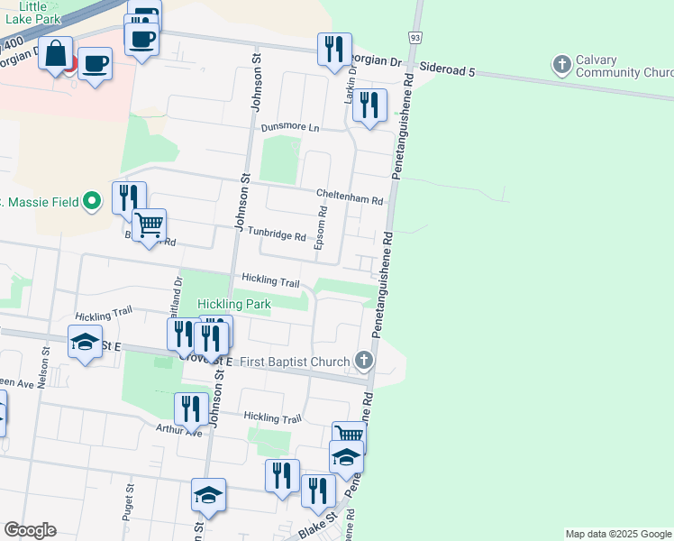 map of restaurants, bars, coffee shops, grocery stores, and more near 71 Sydenham Wells in Barrie
