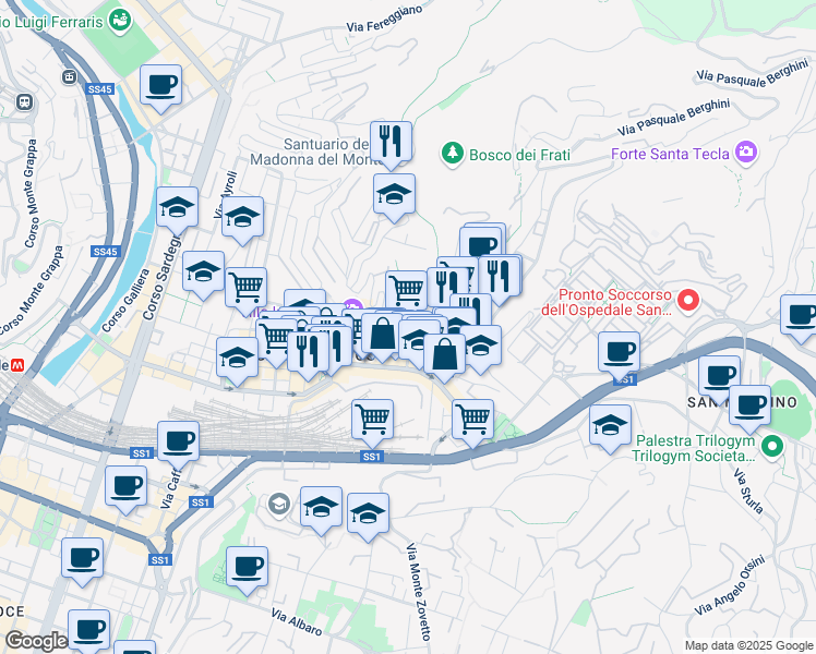 map of restaurants, bars, coffee shops, grocery stores, and more near 6 Via Marina di Robilant in Genova
