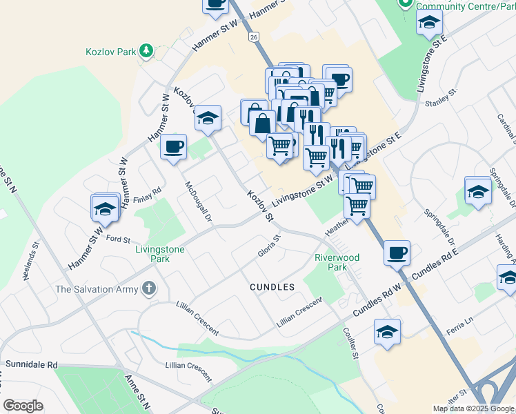 map of restaurants, bars, coffee shops, grocery stores, and more near 54 Livingstone Street West in Barrie