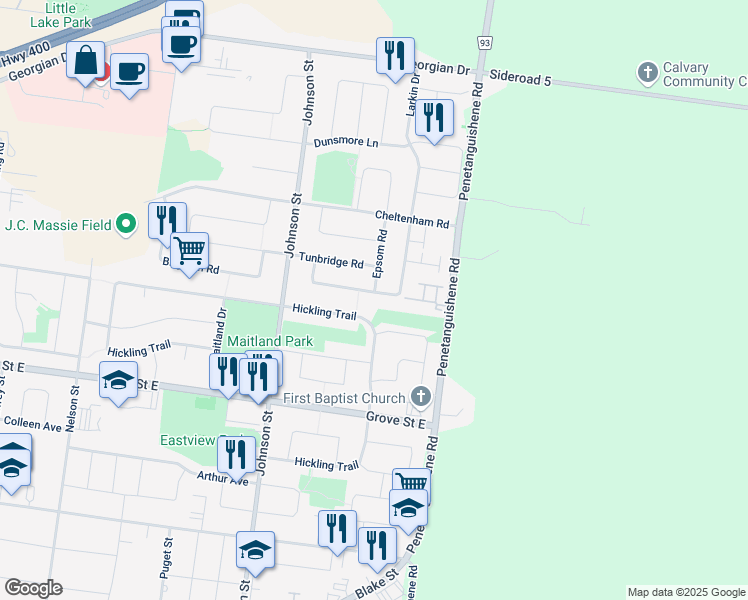 map of restaurants, bars, coffee shops, grocery stores, and more near 53 Sydenham Wells in Barrie