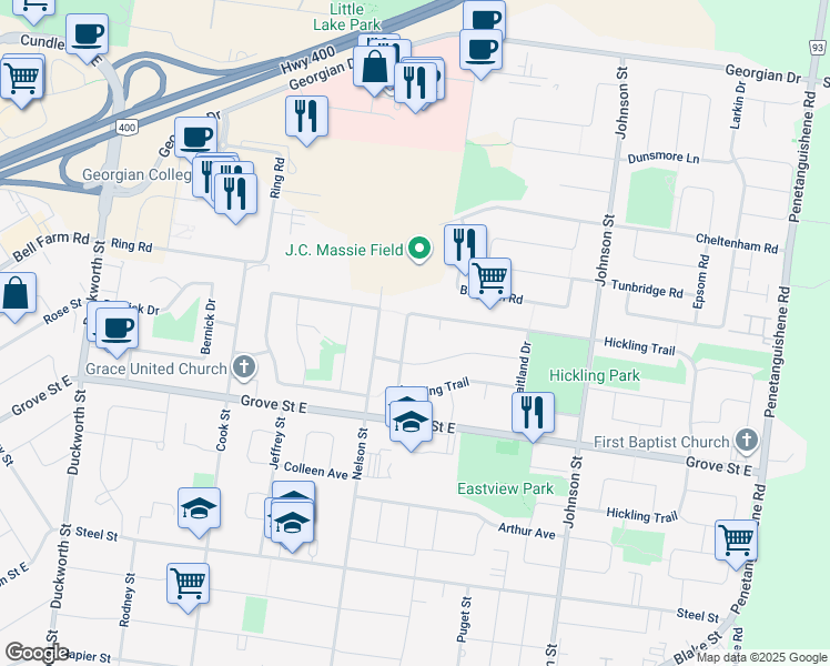 map of restaurants, bars, coffee shops, grocery stores, and more near 96 Hickling Trail in Barrie