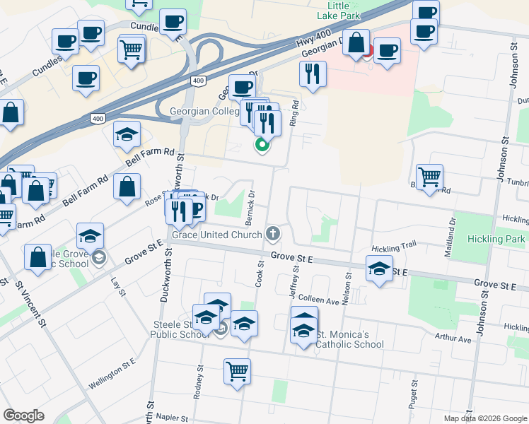 map of restaurants, bars, coffee shops, grocery stores, and more near 266 Cook Street in Barrie