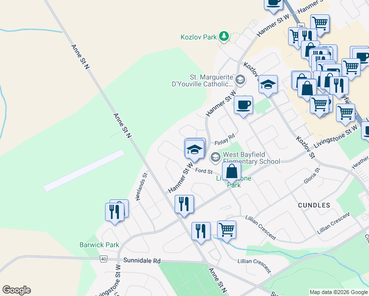 map of restaurants, bars, coffee shops, grocery stores, and more near 22 Laidlaw Drive in Barrie