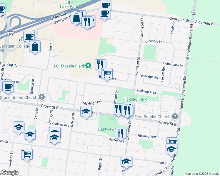 map of restaurants, bars, coffee shops, grocery stores, and more near 168 Hickling Trail in Barrie