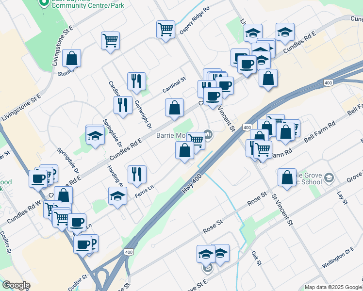 map of restaurants, bars, coffee shops, grocery stores, and more near Daphne Crescent in Barrie
