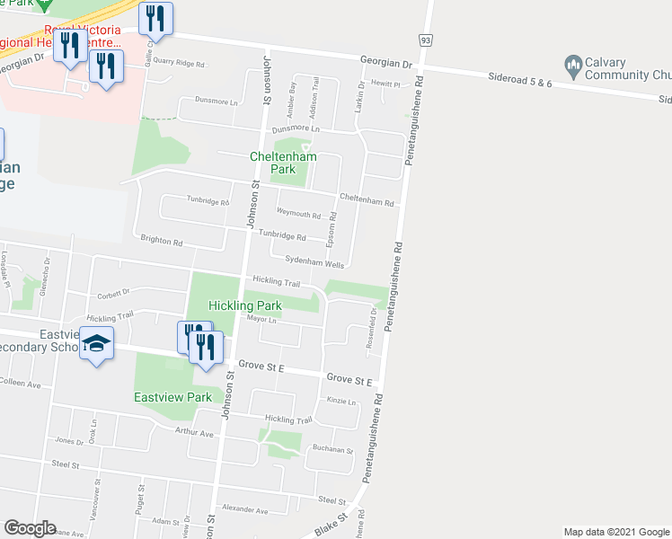 map of restaurants, bars, coffee shops, grocery stores, and more near 59 Sydenham Wells in Barrie