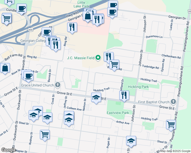 map of restaurants, bars, coffee shops, grocery stores, and more near 107 Hickling Trail in Barrie