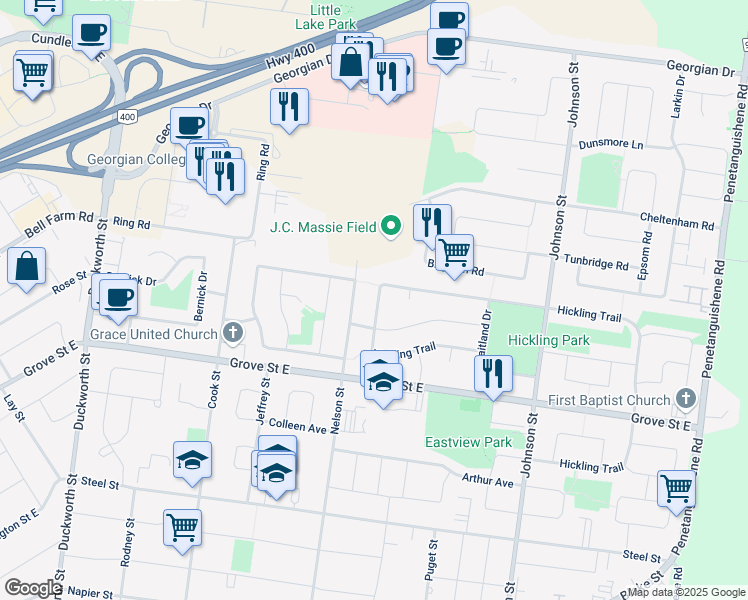 map of restaurants, bars, coffee shops, grocery stores, and more near 107 Hickling Trail in Barrie