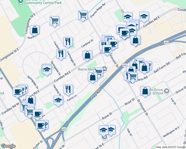 map of restaurants, bars, coffee shops, grocery stores, and more near 10 Collete Crescent in Barrie