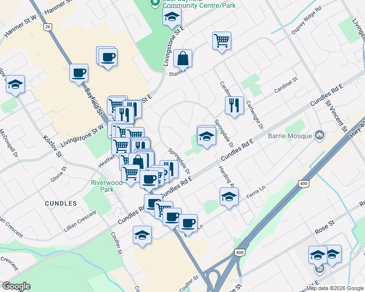 map of restaurants, bars, coffee shops, grocery stores, and more near in Barrie