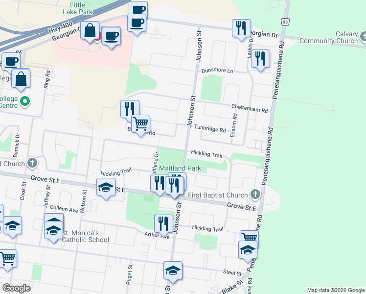 map of restaurants, bars, coffee shops, grocery stores, and more near 221 Hickling Trail in Barrie