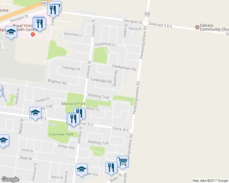 map of restaurants, bars, coffee shops, grocery stores, and more near 55 Sydenham Wells in Barrie