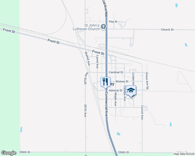 map of restaurants, bars, coffee shops, grocery stores, and more near Laurel Avenue in Wolsey
