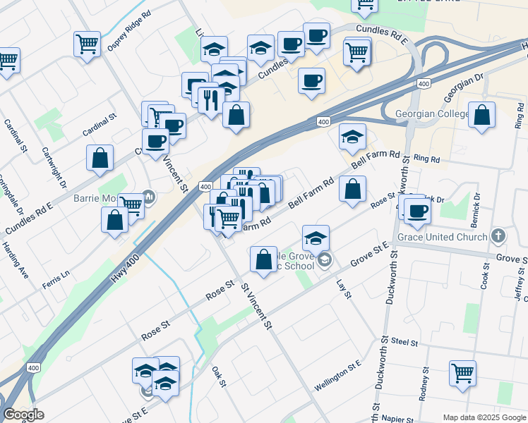 map of restaurants, bars, coffee shops, grocery stores, and more near in Barrie