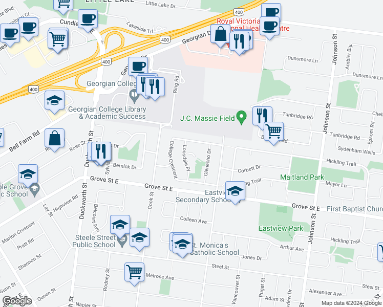 map of restaurants, bars, coffee shops, grocery stores, and more near 9 Redwood Court in Barrie