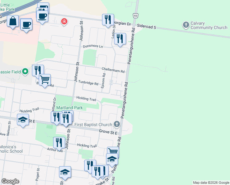 map of restaurants, bars, coffee shops, grocery stores, and more near in Barrie