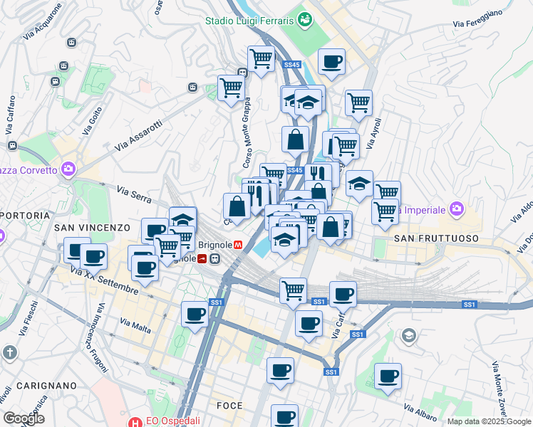 map of restaurants, bars, coffee shops, grocery stores, and more near 2 Corso Monte Grappa in Genova