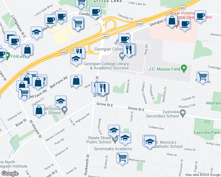 map of restaurants, bars, coffee shops, grocery stores, and more near 39 Sylvia Street in Barrie