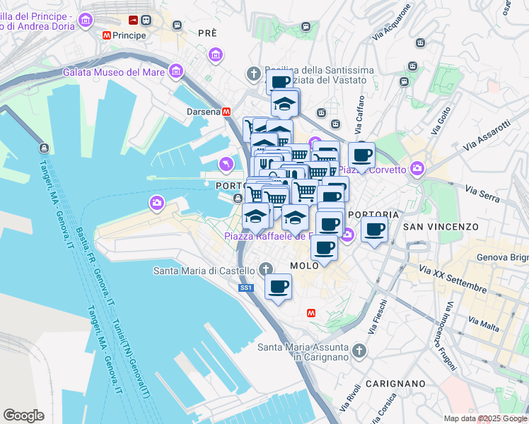 map of restaurants, bars, coffee shops, grocery stores, and more near 2 Piazza Della Raibetta in Genova