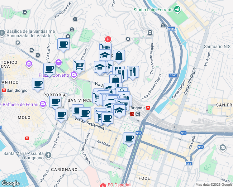 map of restaurants, bars, coffee shops, grocery stores, and more near 2 Piazza Brignole in Genoa