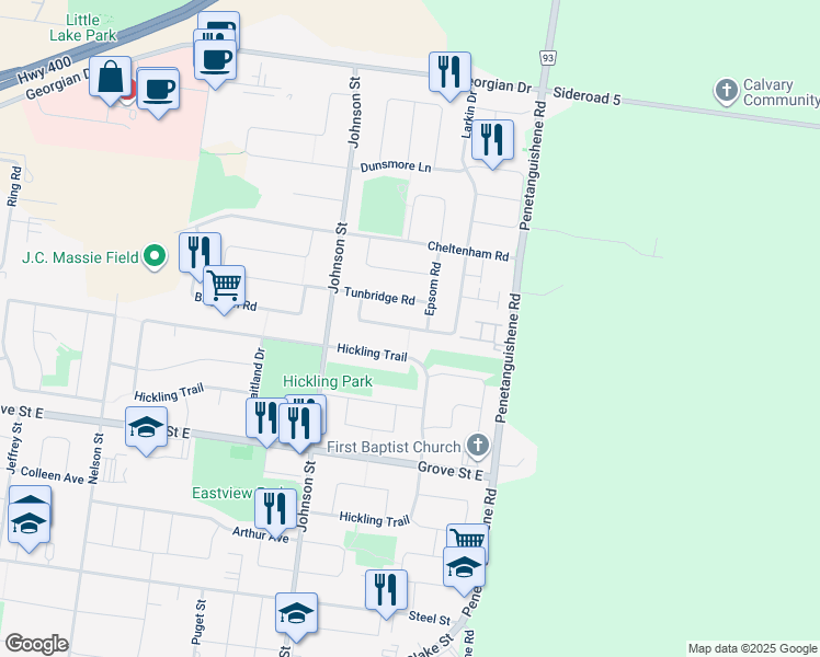 map of restaurants, bars, coffee shops, grocery stores, and more near Sydenham Wells in Barrie